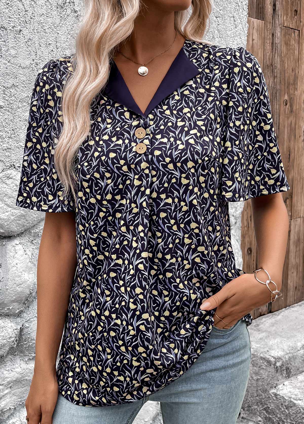 Ditsy Floral Print Button Navy Short Sleeve T Shirt