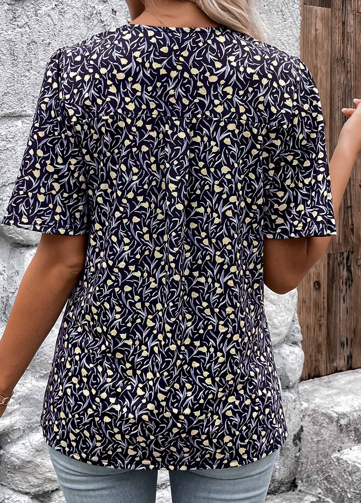 Ditsy Floral Print Button Navy Short Sleeve T Shirt