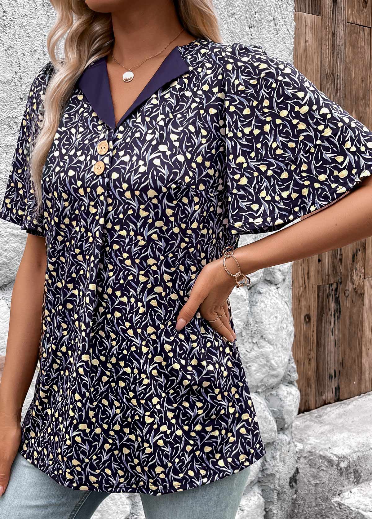 Ditsy Floral Print Button Navy Short Sleeve T Shirt