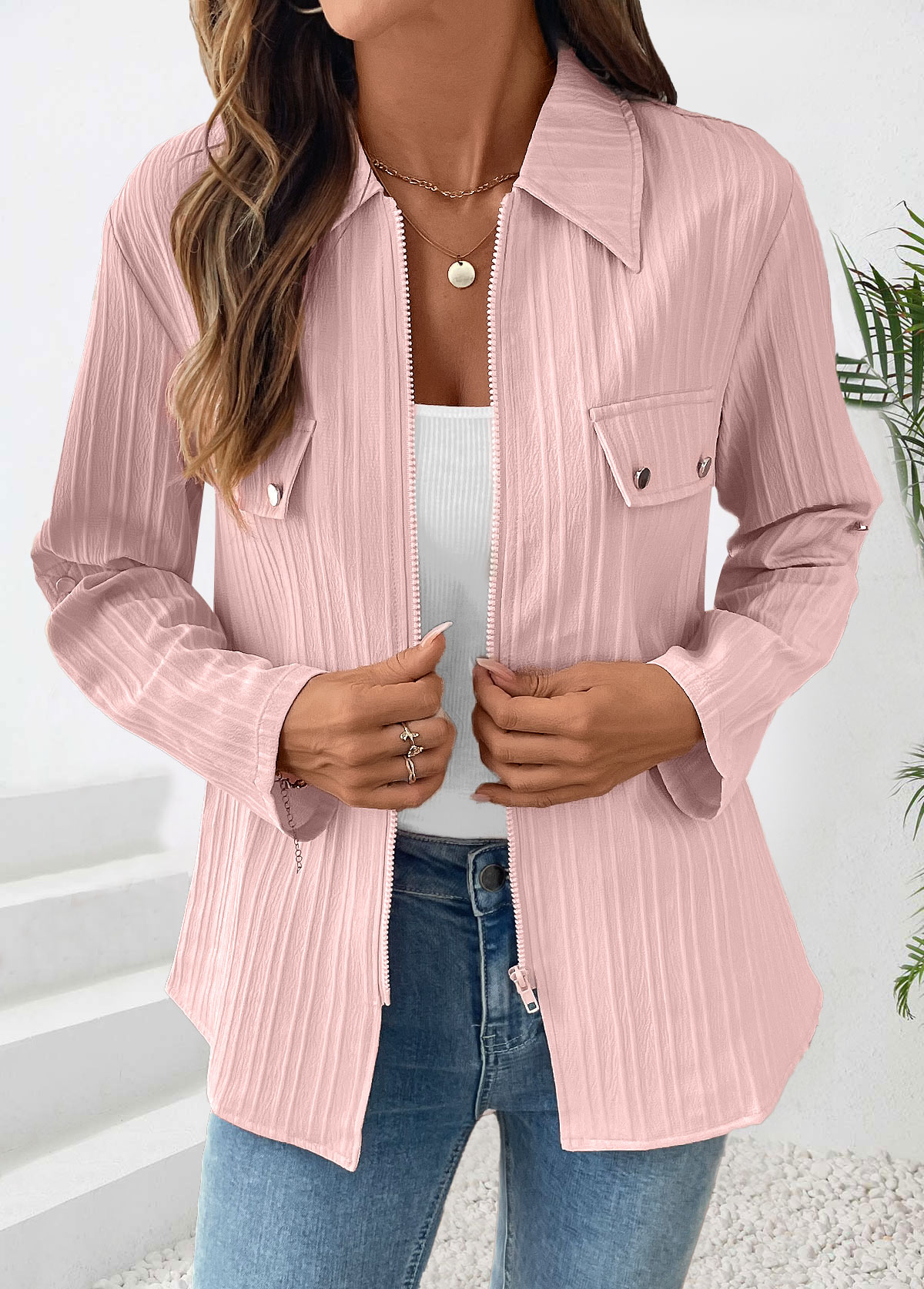 Dusty Pink Long Sleeve Zipper Shirt
