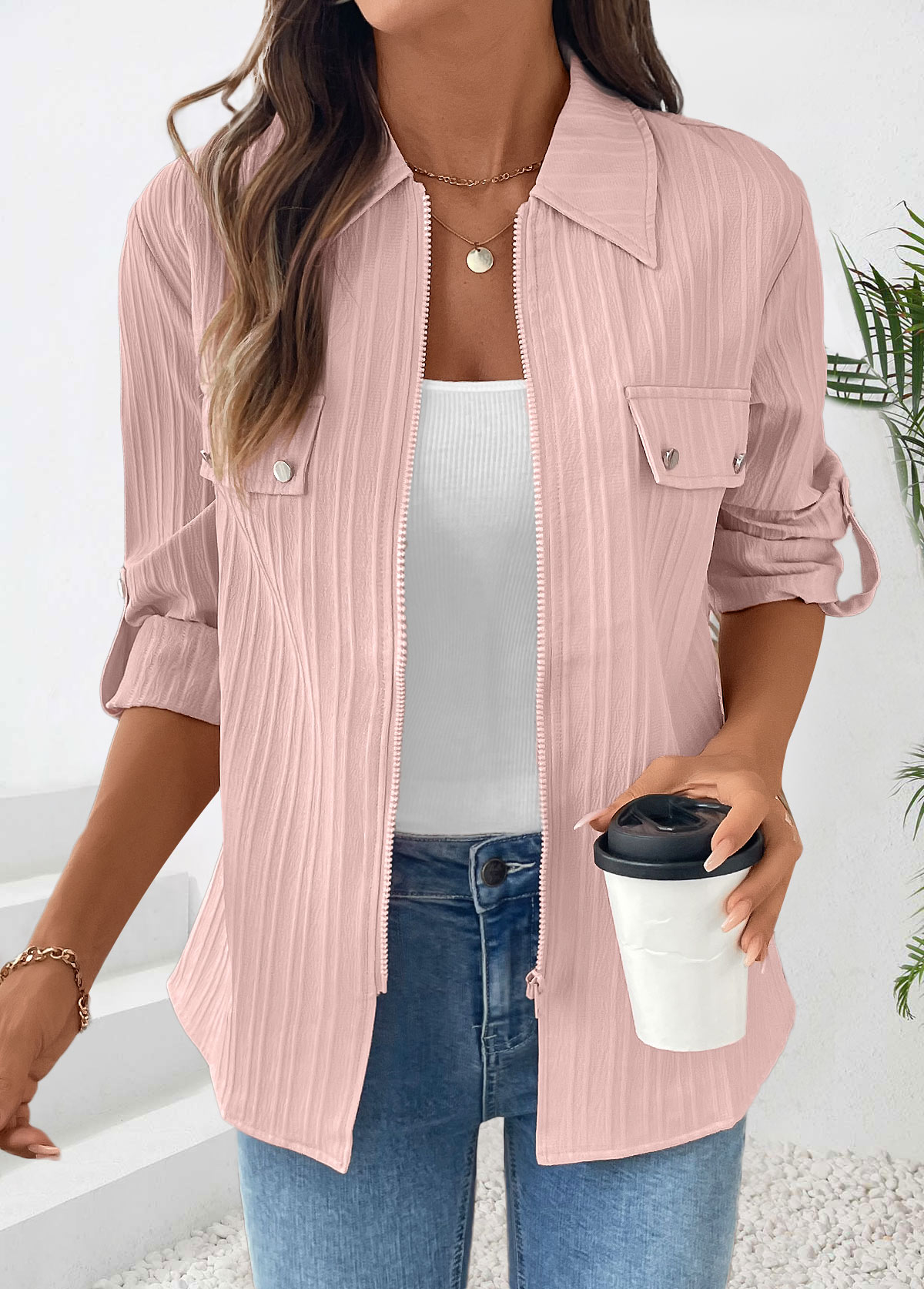 Dusty Pink Long Sleeve Zipper Shirt