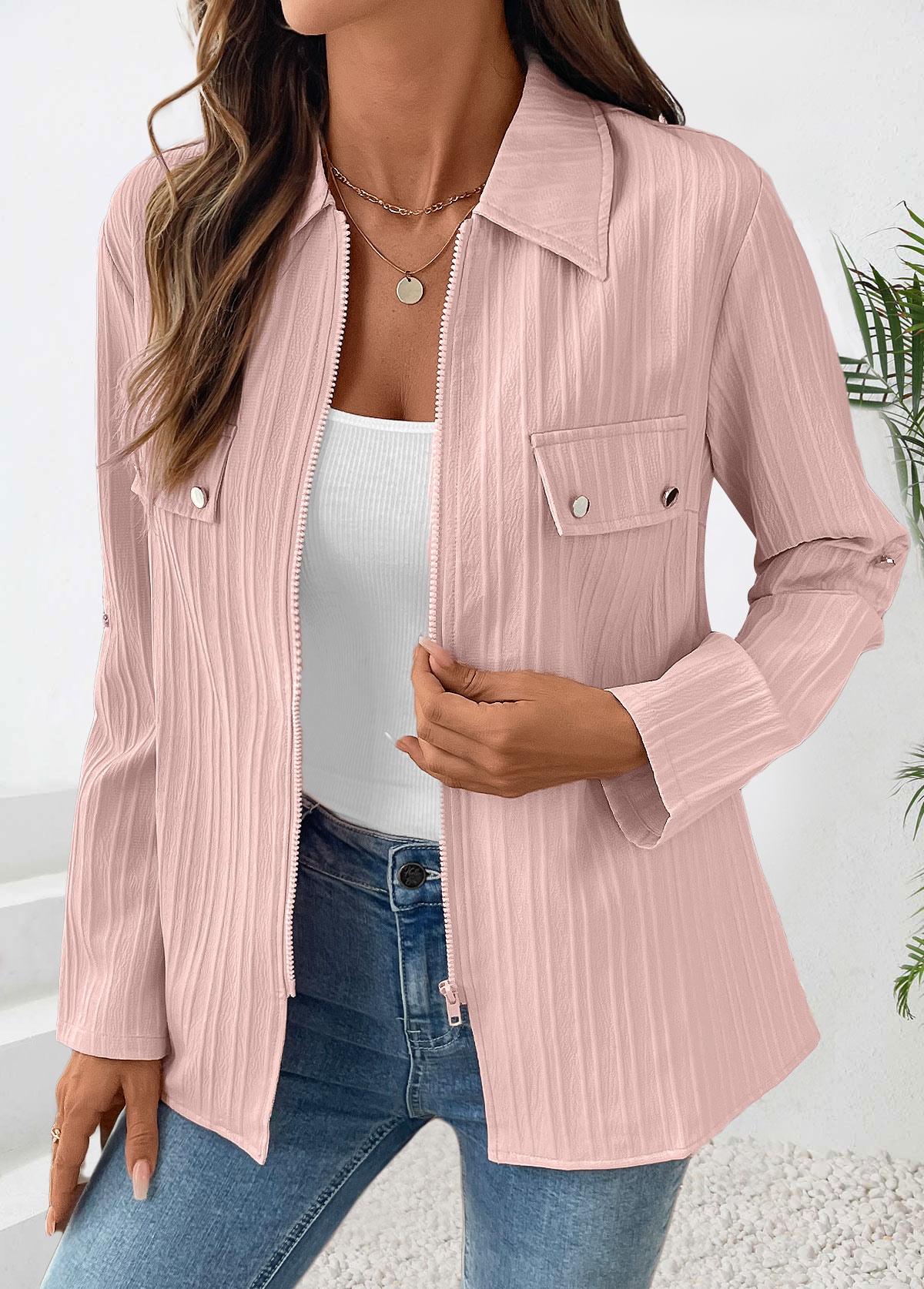 Dusty Pink Long Sleeve Zipper Shirt