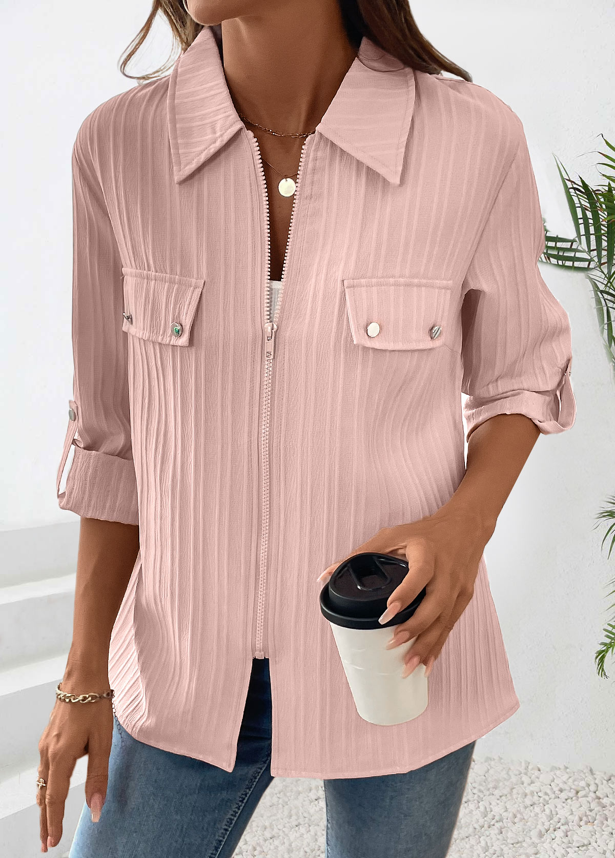 Dusty Pink Long Sleeve Zipper Shirt