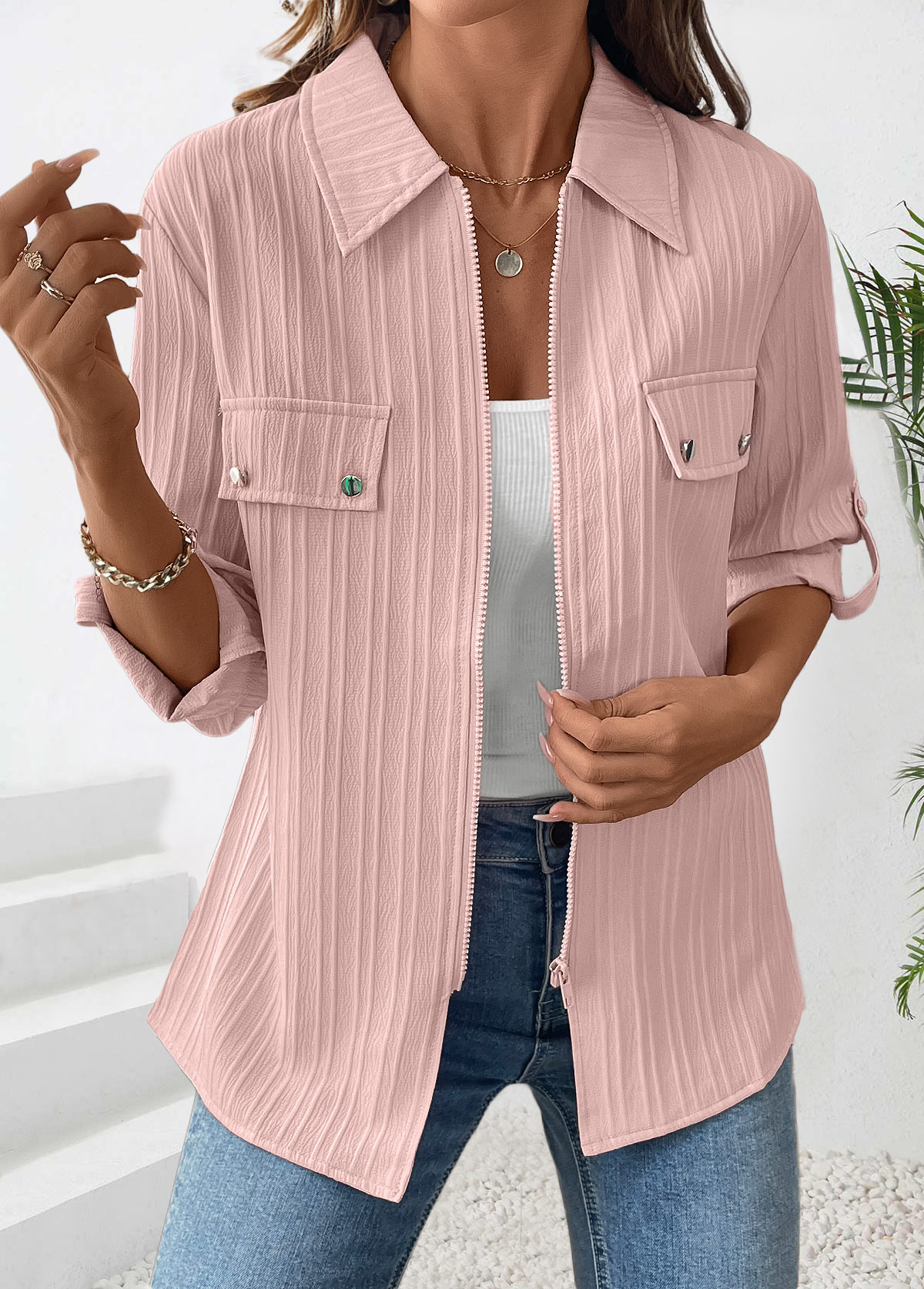 Dusty Pink Long Sleeve Zipper Shirt