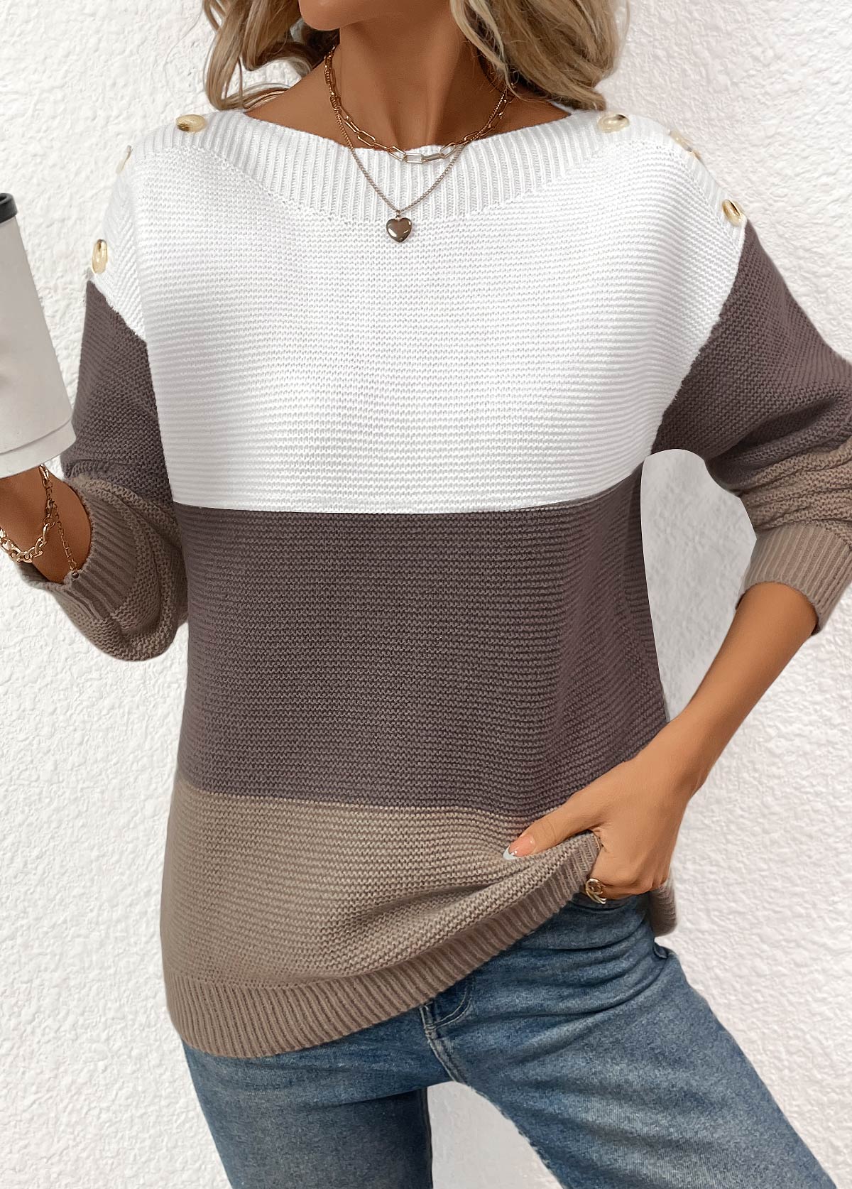 Patchwork Dark Coffee Long Sleeve Round Neck Sweater
