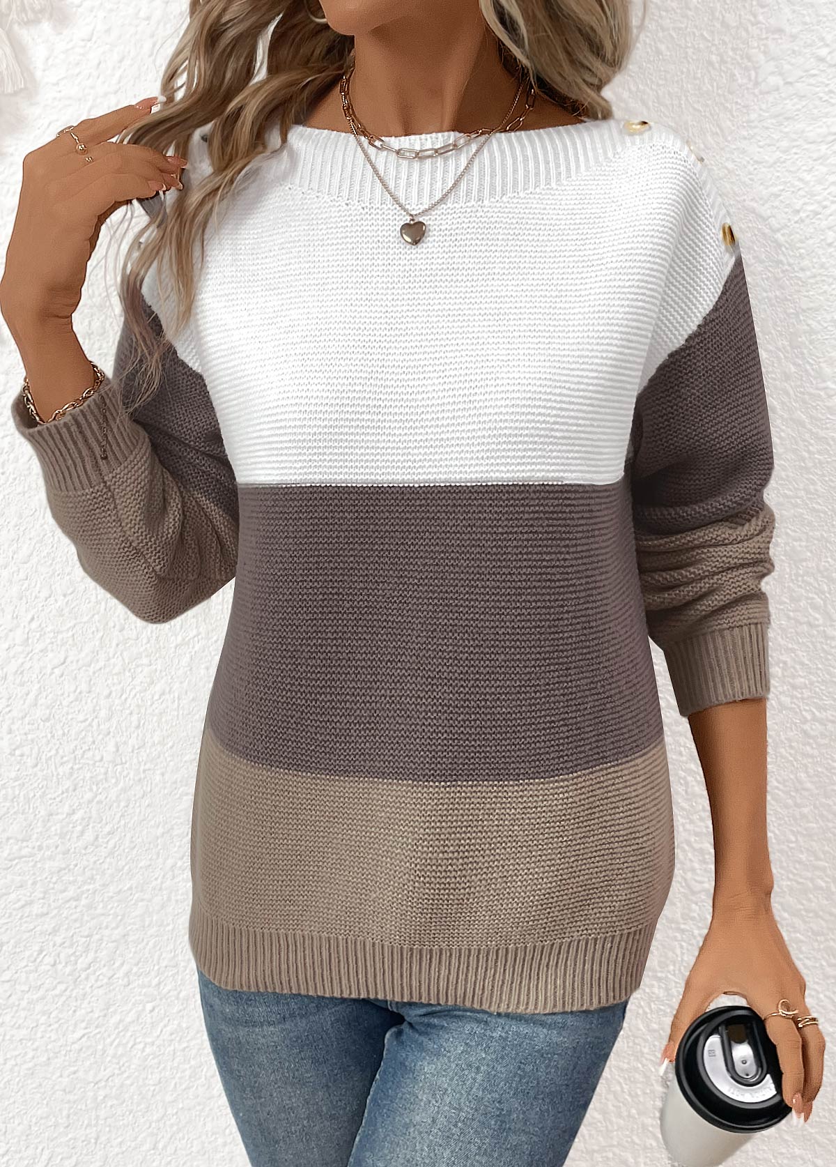 Patchwork Dark Coffee Long Sleeve Round Neck Sweater