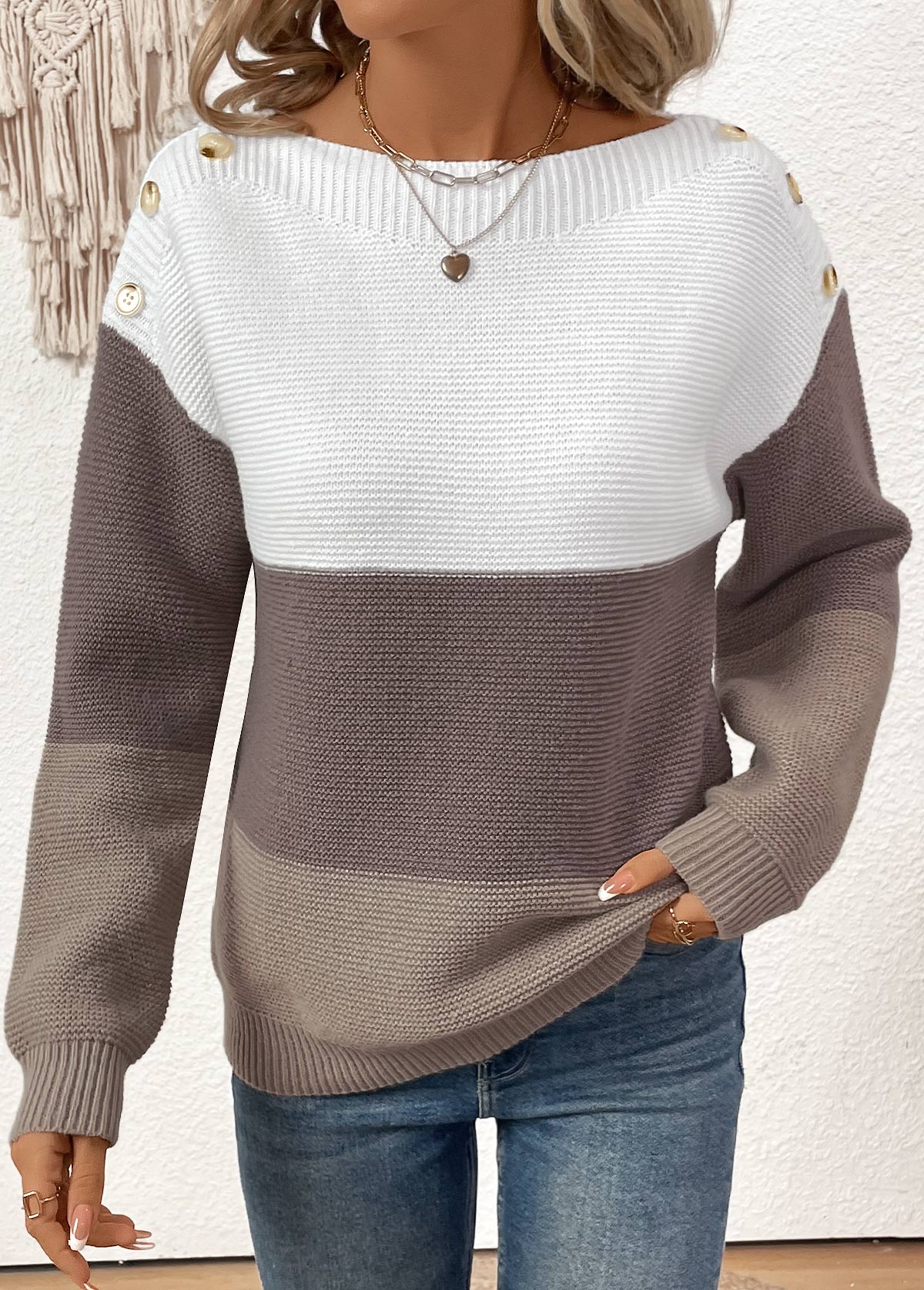Patchwork Dark Coffee Long Sleeve Round Neck Sweater