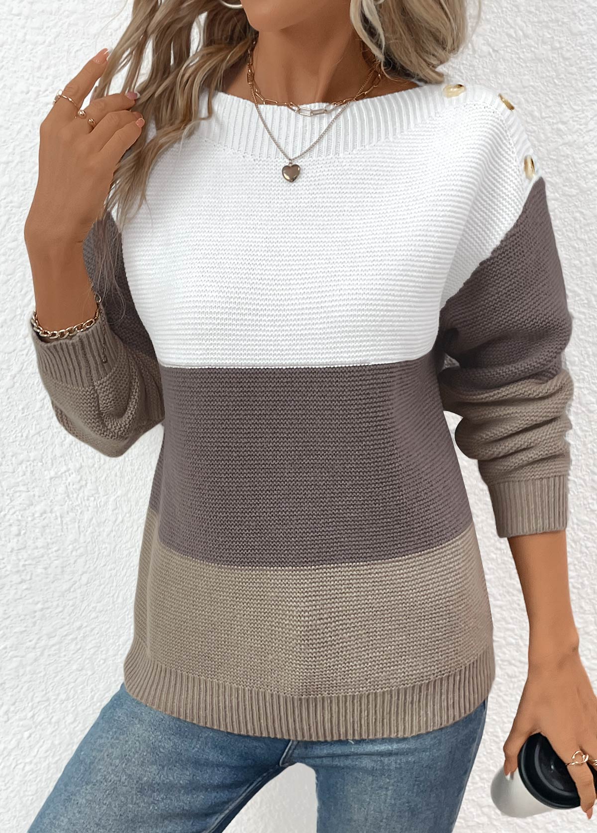 Patchwork Dark Coffee Long Sleeve Round Neck Sweater
