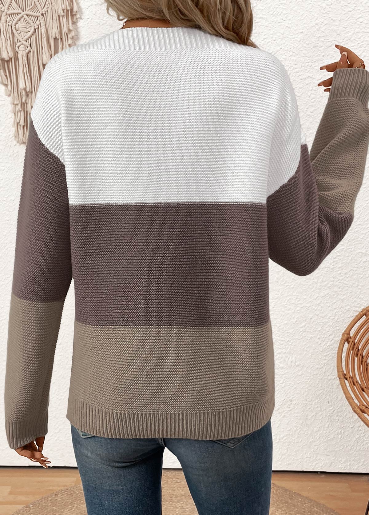 Patchwork Dark Coffee Long Sleeve Round Neck Sweater