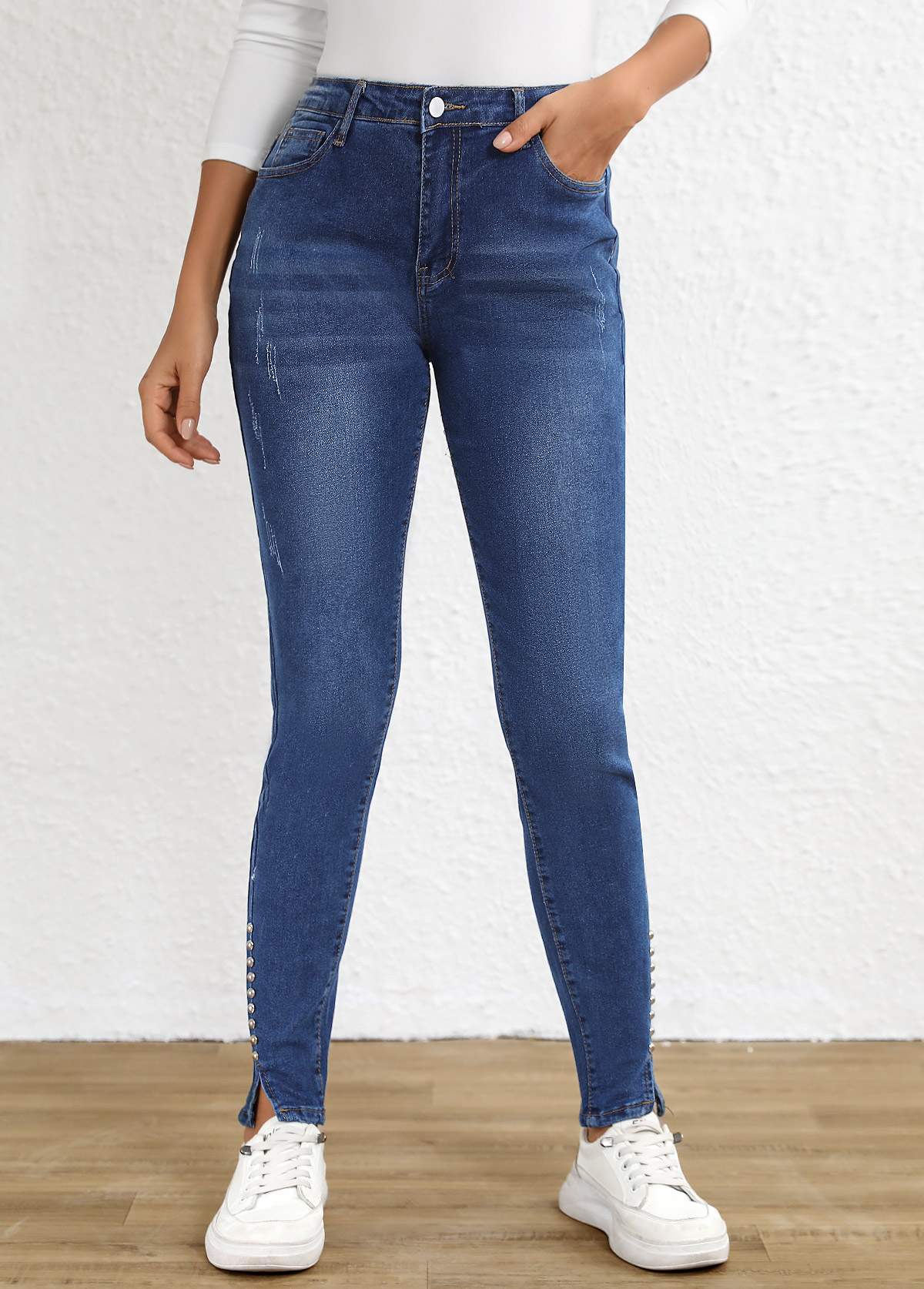 Split Dark Blue Skinny Fly High Waisted Jeans