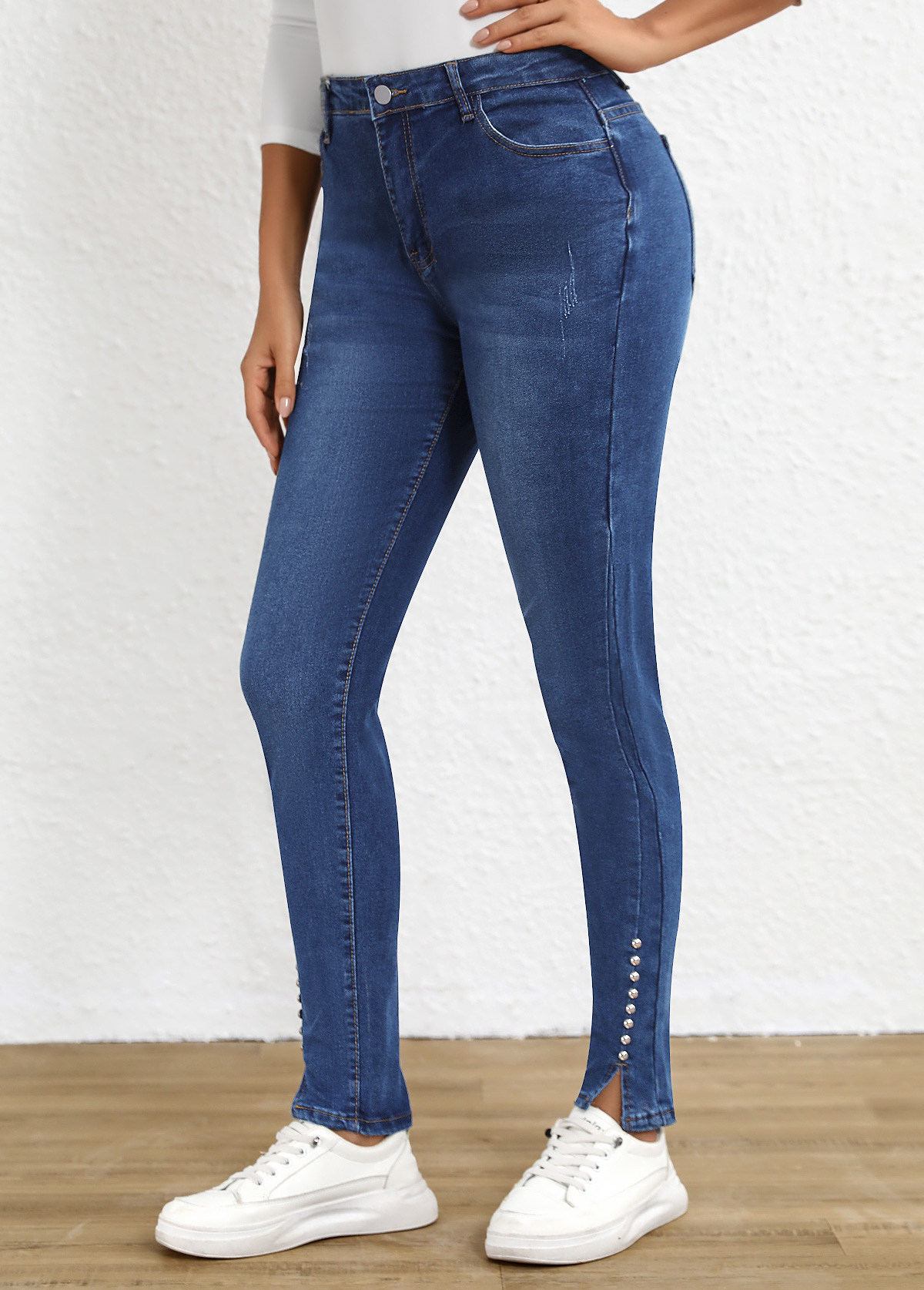 Split Dark Blue Skinny Fly High Waisted Jeans