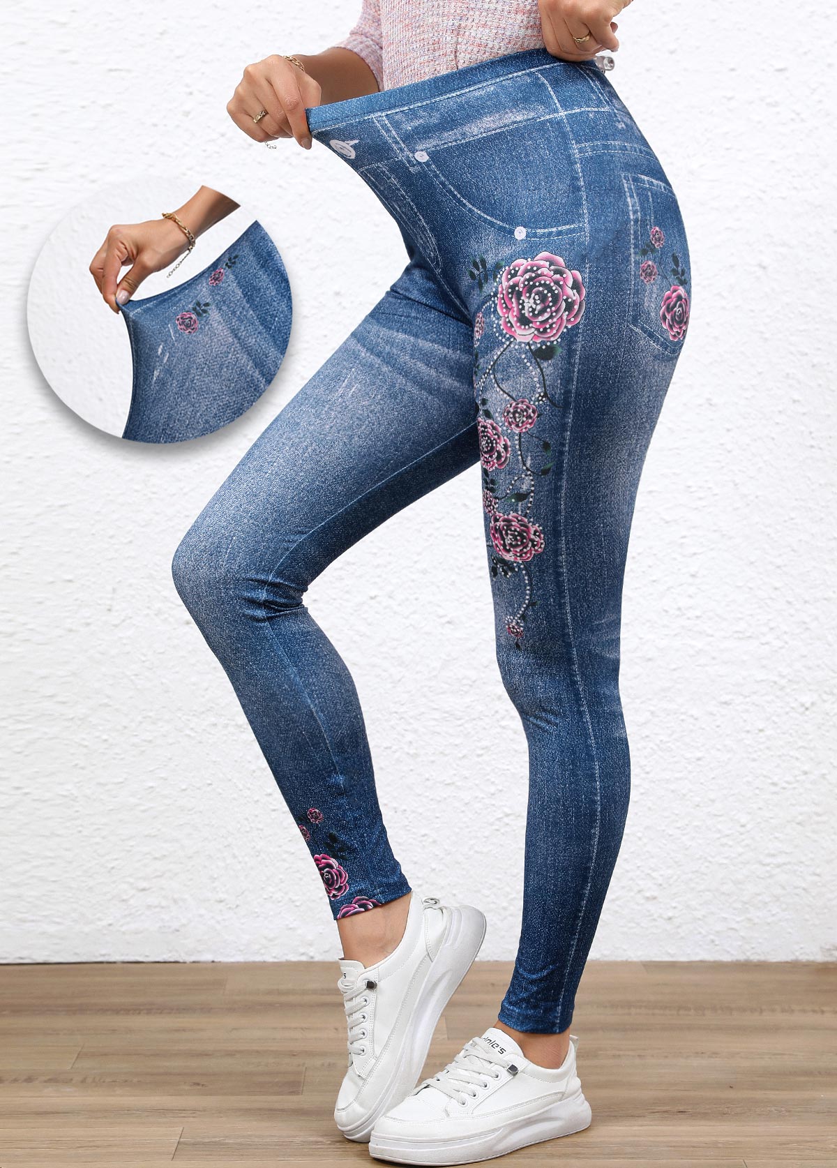 Denim-effect Print Denim Blue Elastic Waist High Waisted Leggings