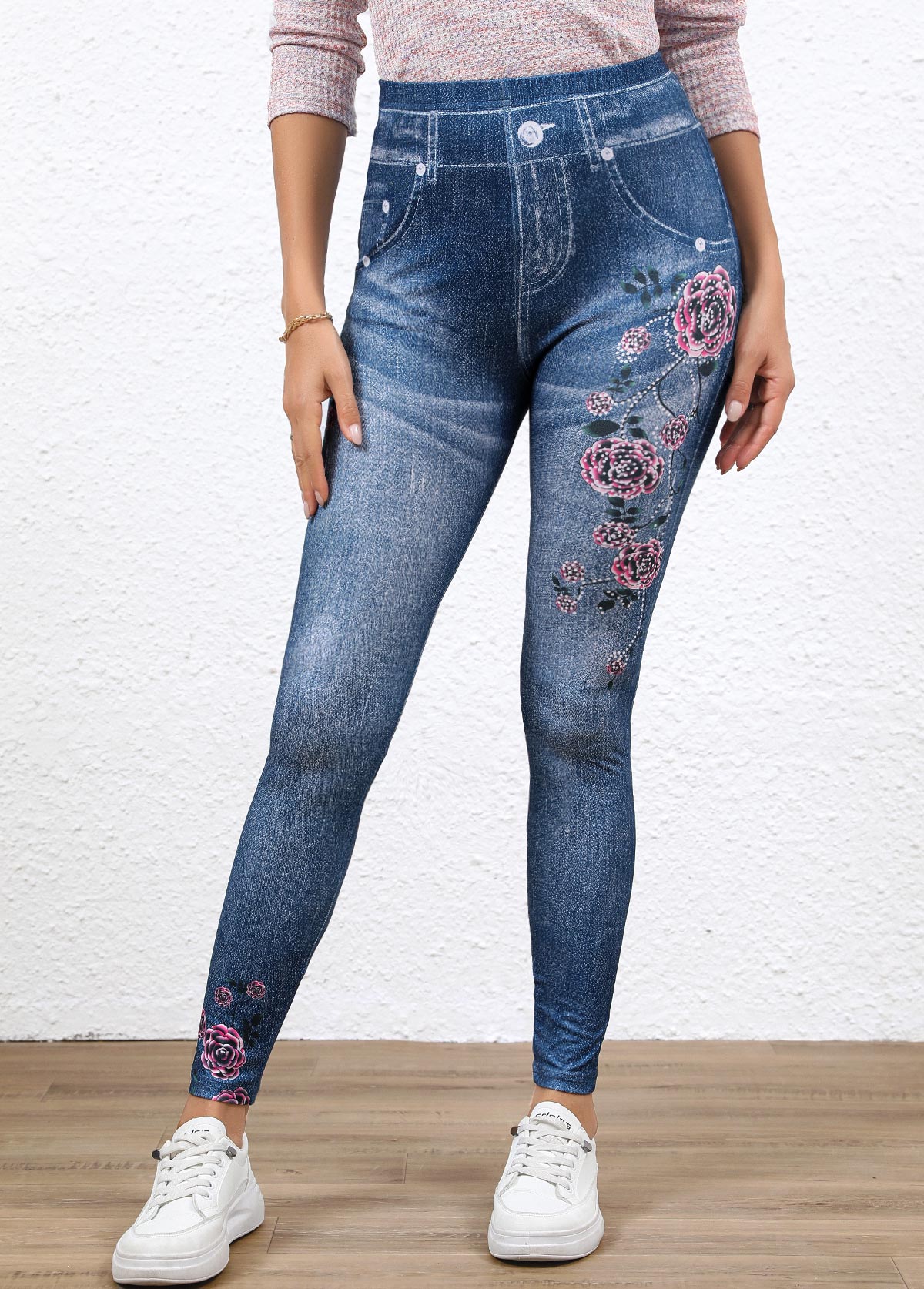 Denim-effect Print Denim Blue Elastic Waist High Waisted Leggings