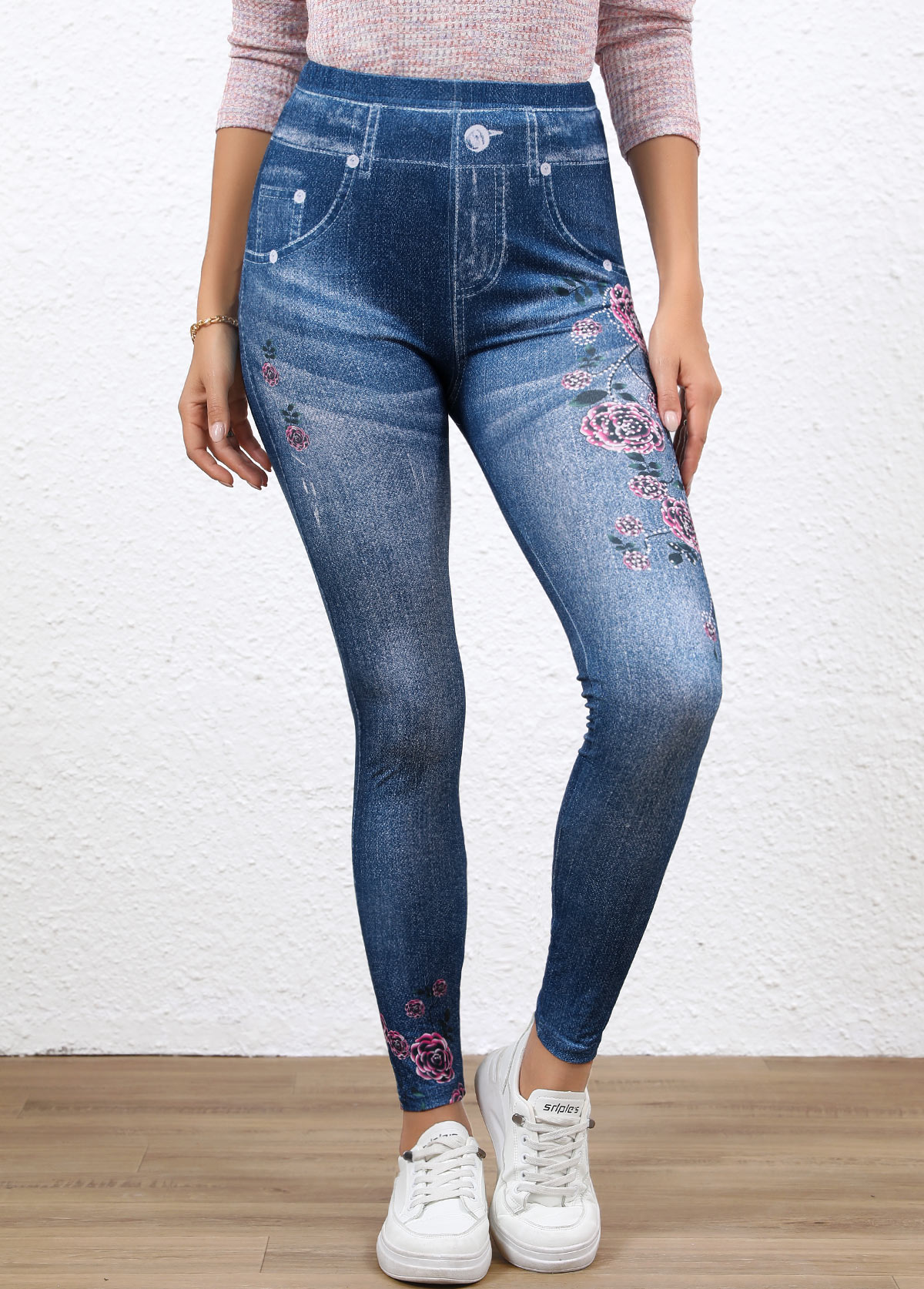 Denim-effect Print Denim Blue Elastic Waist High Waisted Leggings