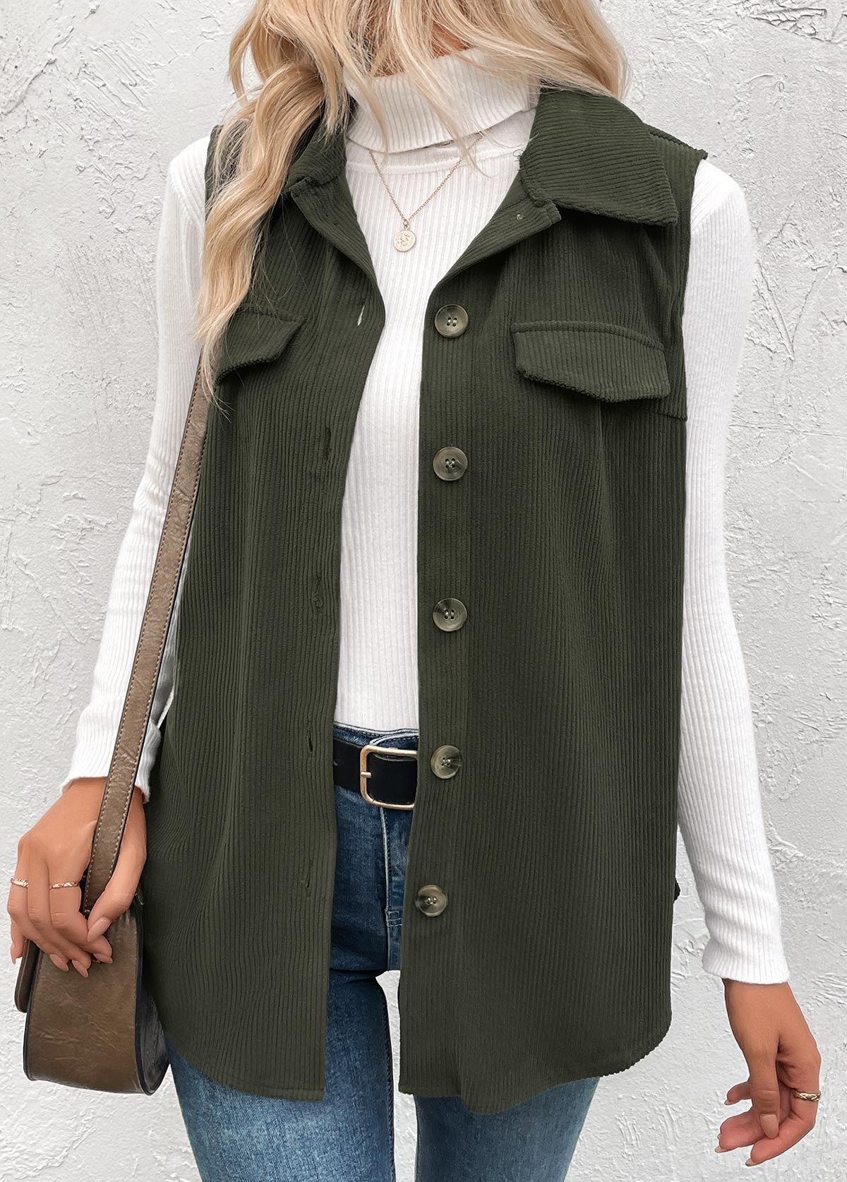 Patchwork Olive Green Sleeveless Shirt Collar Corduroy Waistcoat