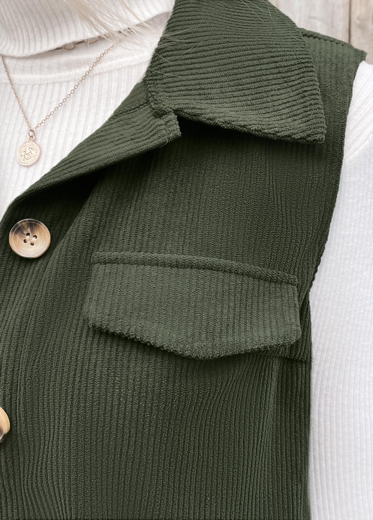 Patchwork Olive Green Sleeveless Shirt Collar Corduroy Waistcoat