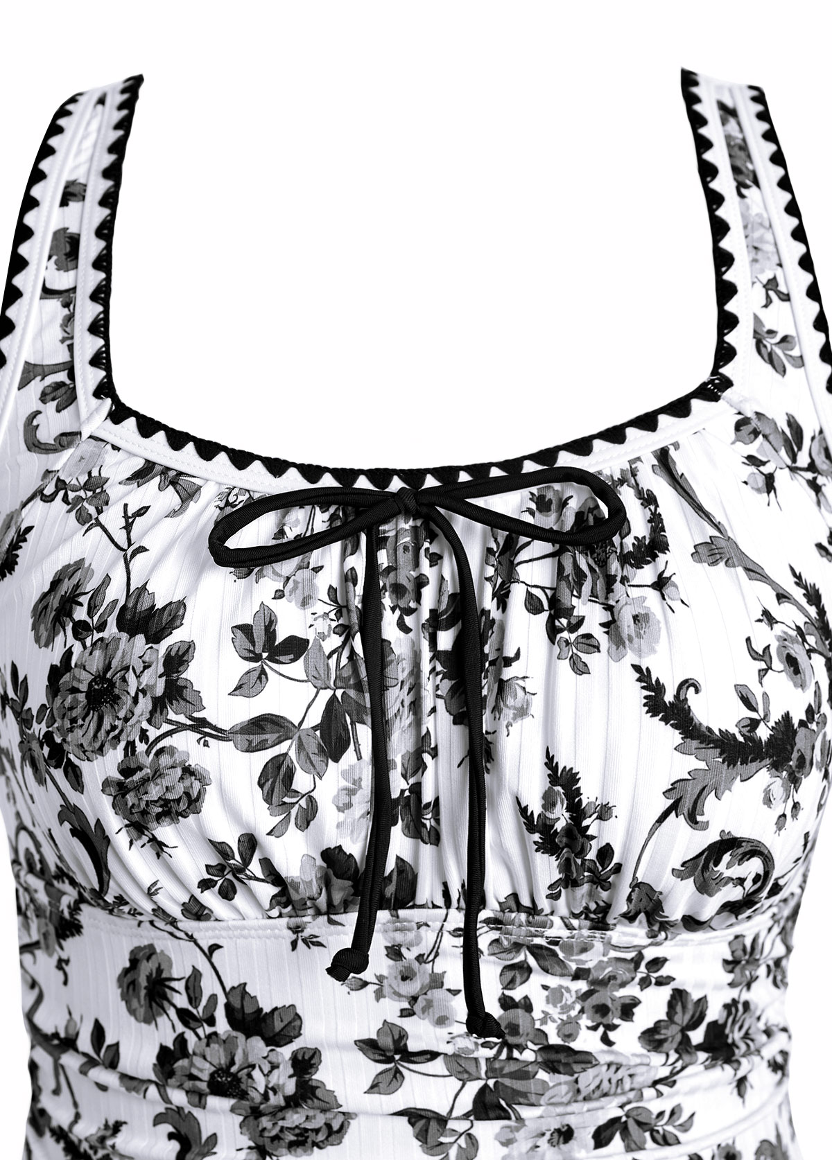 Random Floral Print Drawstring Black One Piece Swimwear