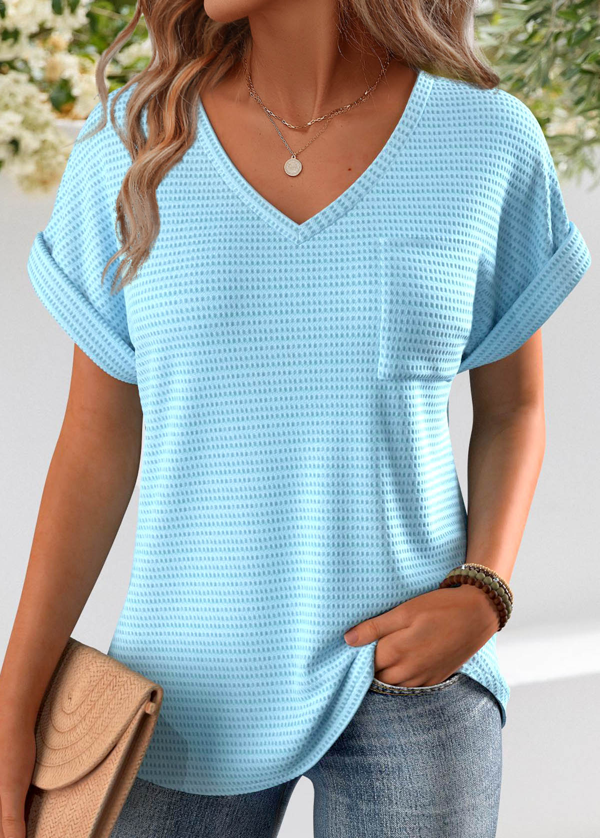 Jacquard Light Blue Short Sleeve V Neck T Shirt