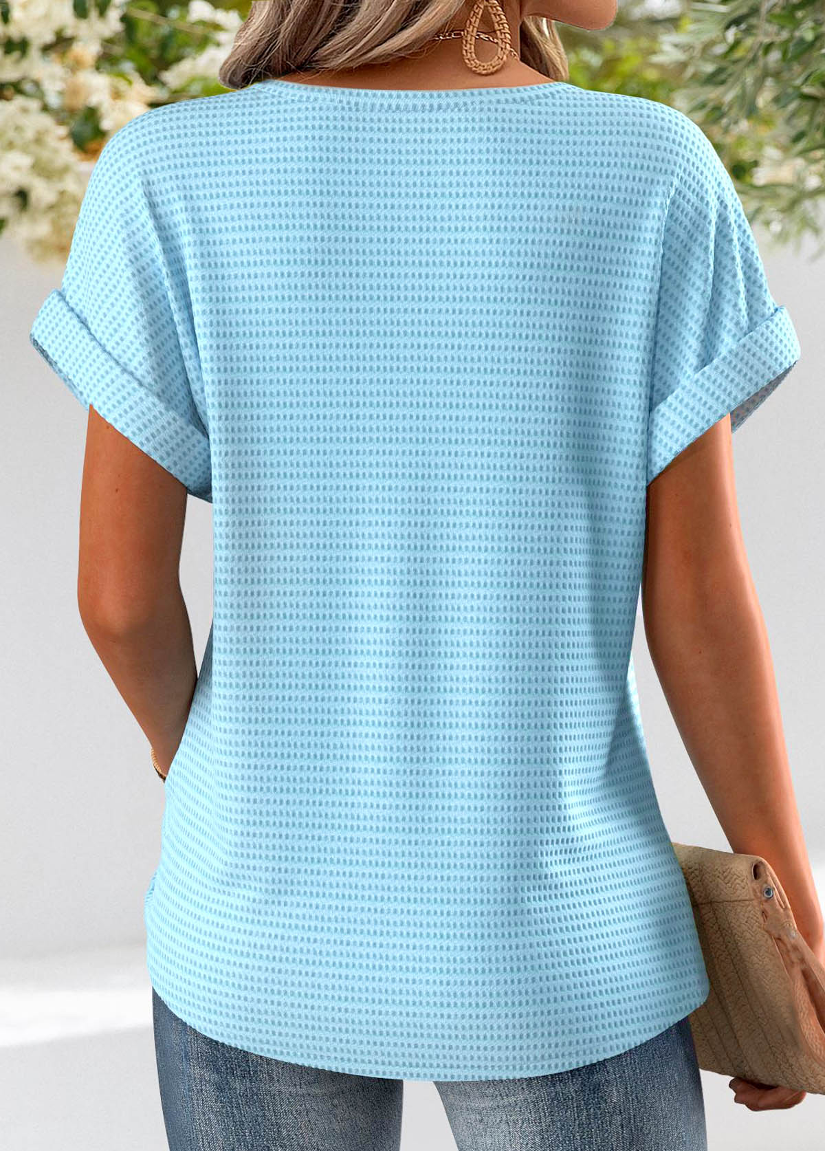 Jacquard Light Blue Short Sleeve V Neck T Shirt