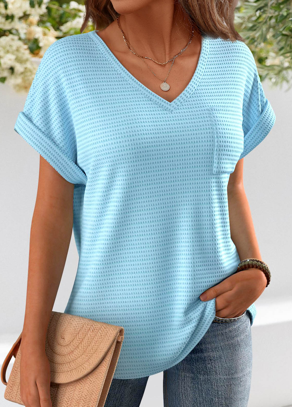 Jacquard Light Blue Short Sleeve V Neck T Shirt