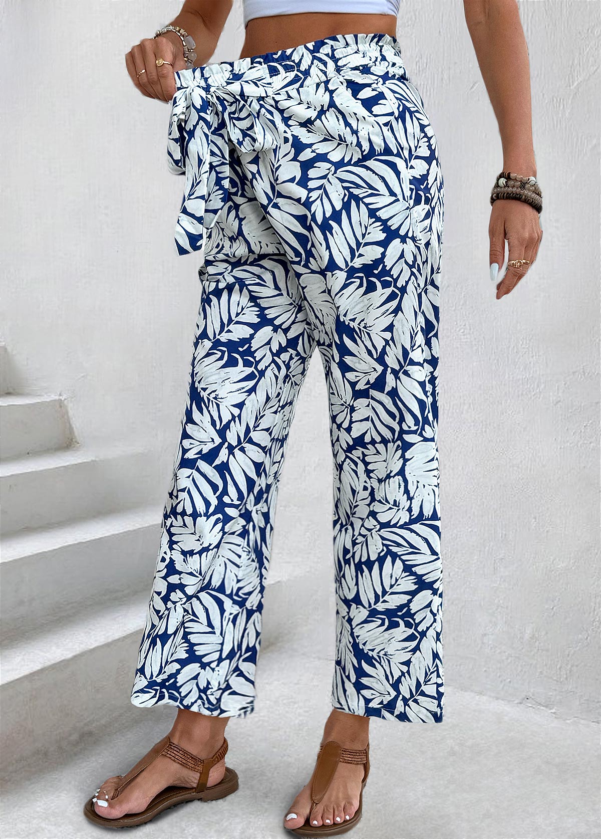 Leaf Print Navy Straight Leg Elastic Waist Pants