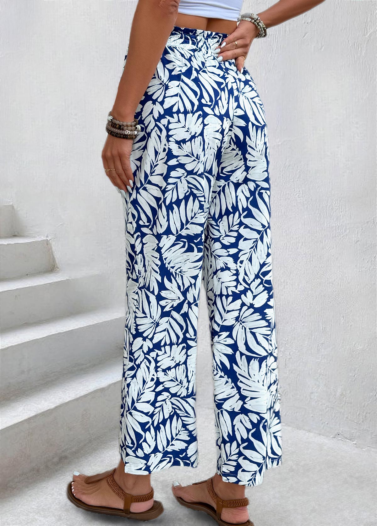 Leaf Print Navy Straight Leg Elastic Waist Pants