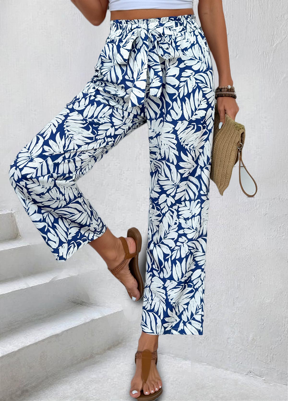 Leaf Print Navy Straight Leg Elastic Waist Pants
