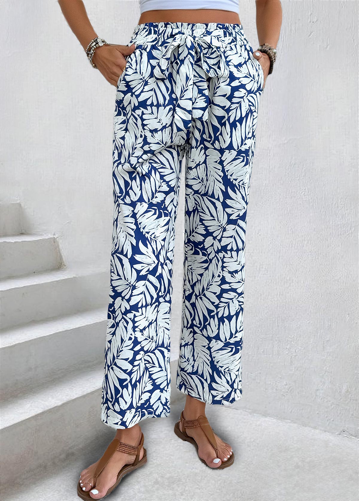 Leaf Print Navy Straight Leg Elastic Waist Pants