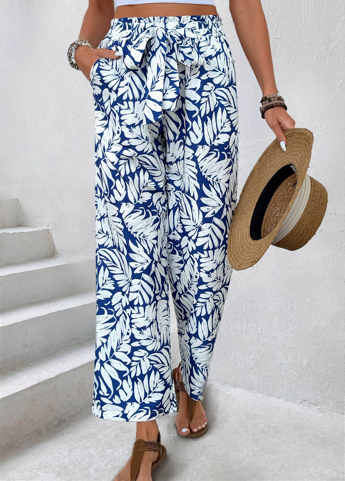 Leaf Print Navy Straight Leg Elastic Waist Pants