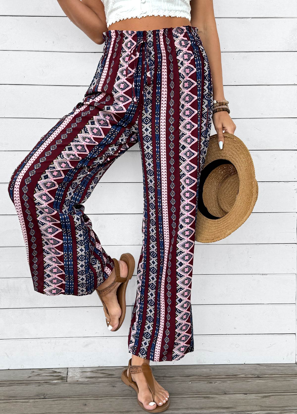 Geometric Print Dark Coffee Wide Leg Elastic Waist Pants