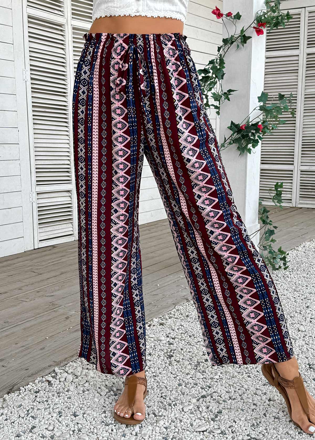 Geometric Print Dark Coffee Wide Leg Elastic Waist Pants