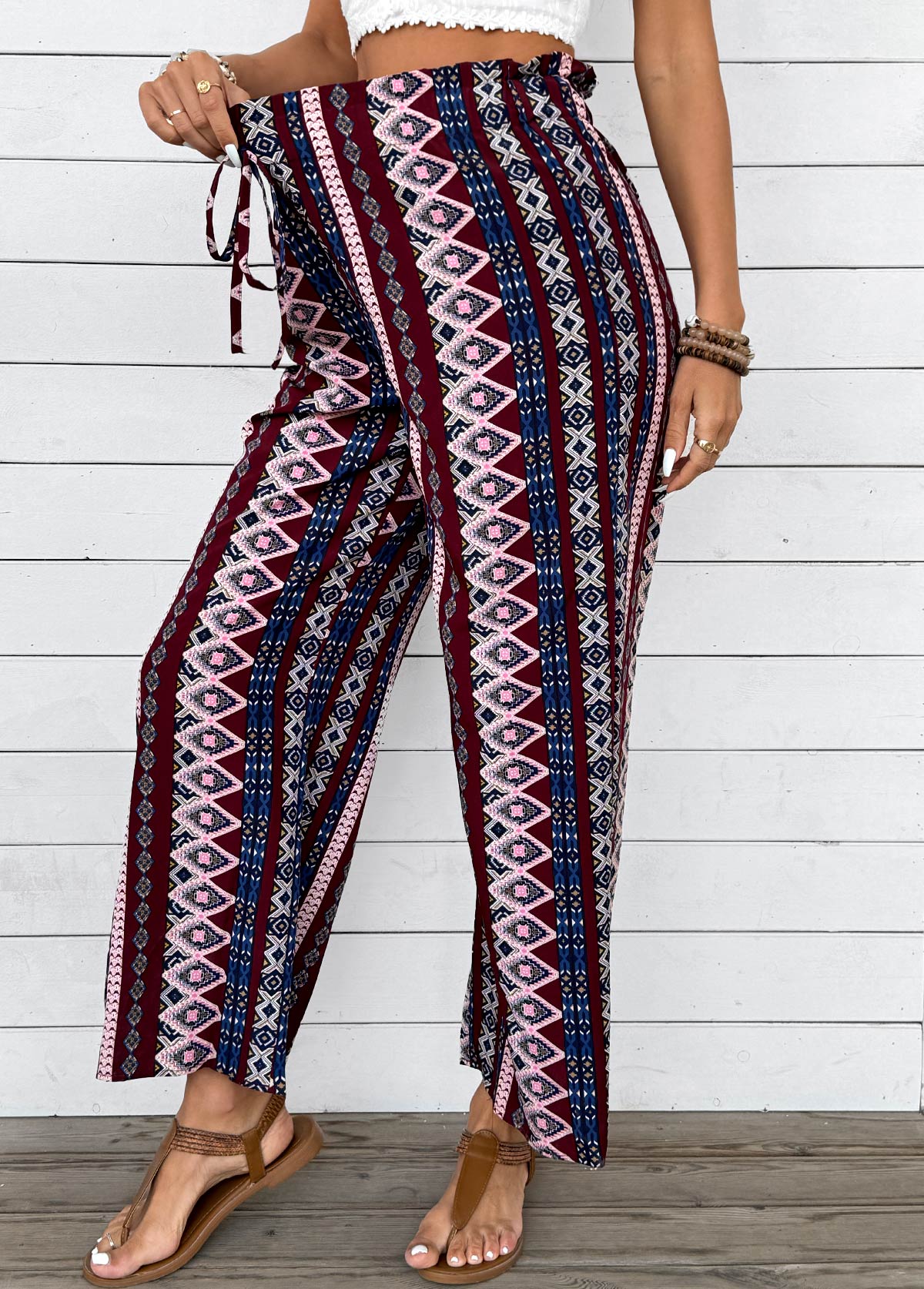 Geometric Print Dark Coffee Wide Leg Elastic Waist Pants