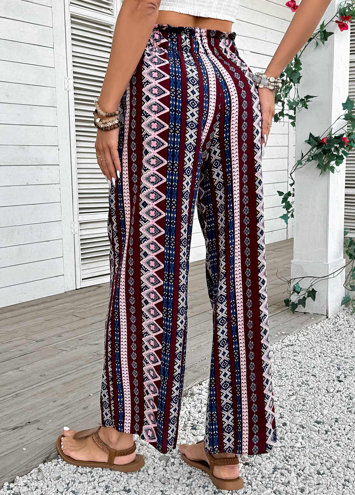 Geometric Print Dark Coffee Wide Leg Elastic Waist Pants