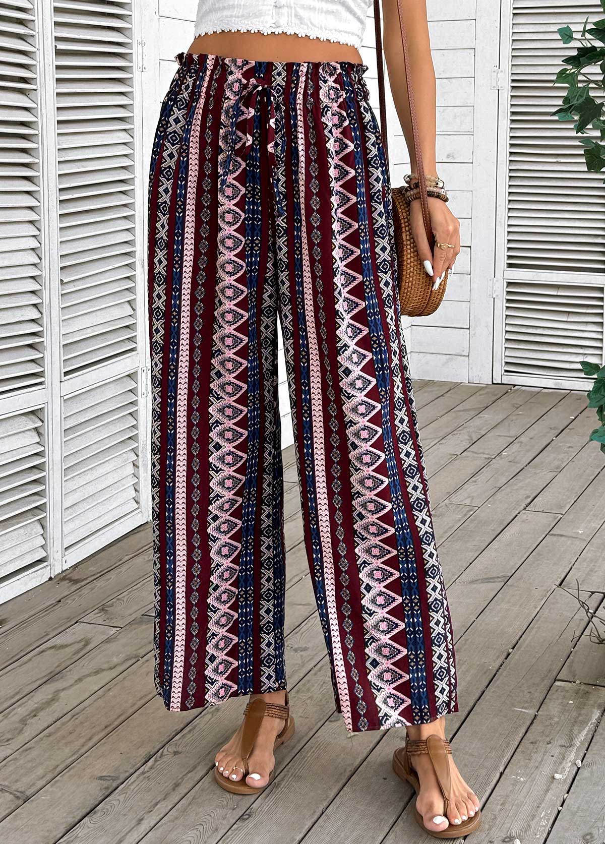 Geometric Print Dark Coffee Wide Leg Elastic Waist Pants