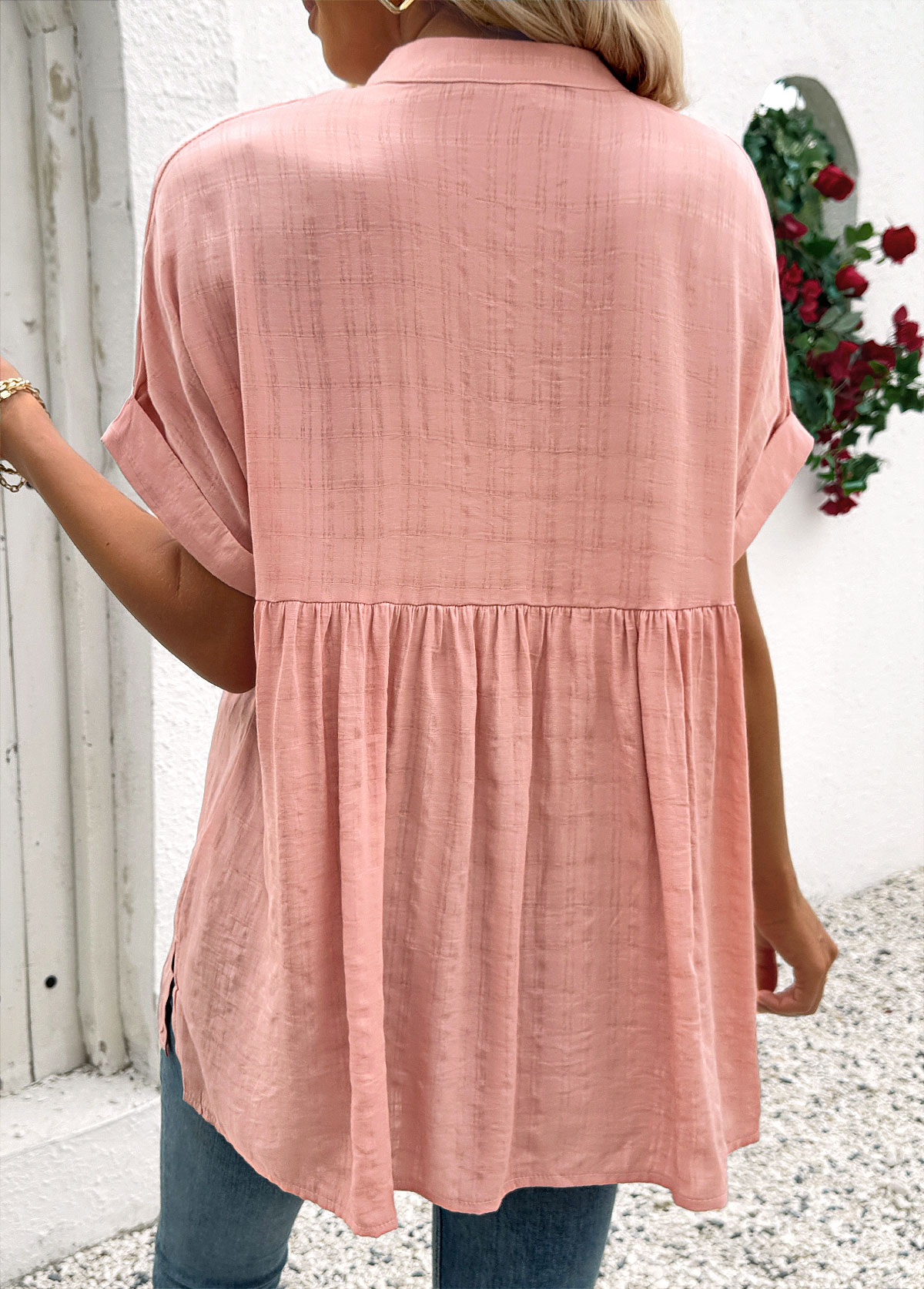 Dusty Pink Short Sleeve Split Neck Blouse