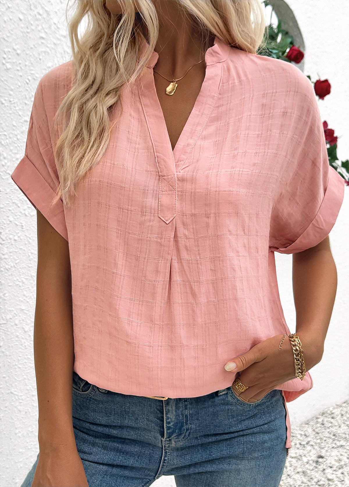 Dusty Pink Short Sleeve Split Neck Blouse