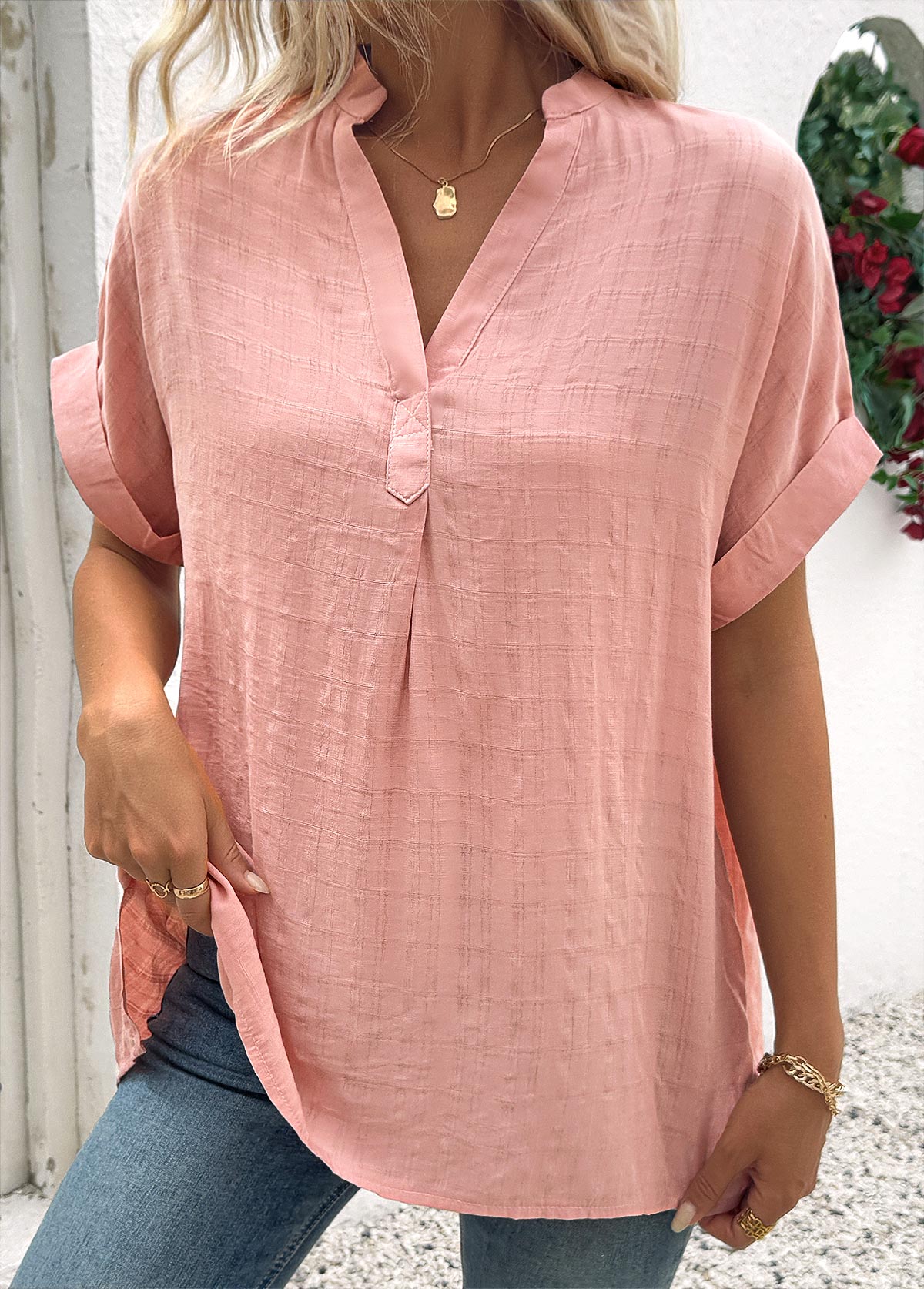 Dusty Pink Short Sleeve Split Neck Blouse