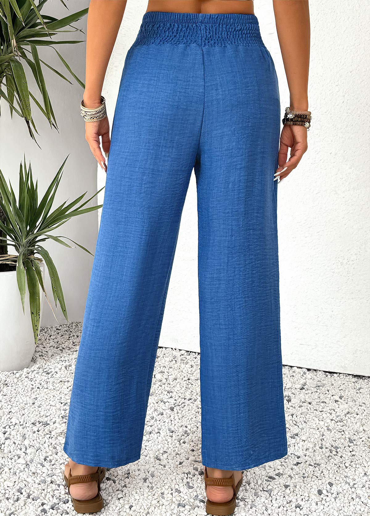 Blue Straight Leg Elastic Waist High Waisted Pants