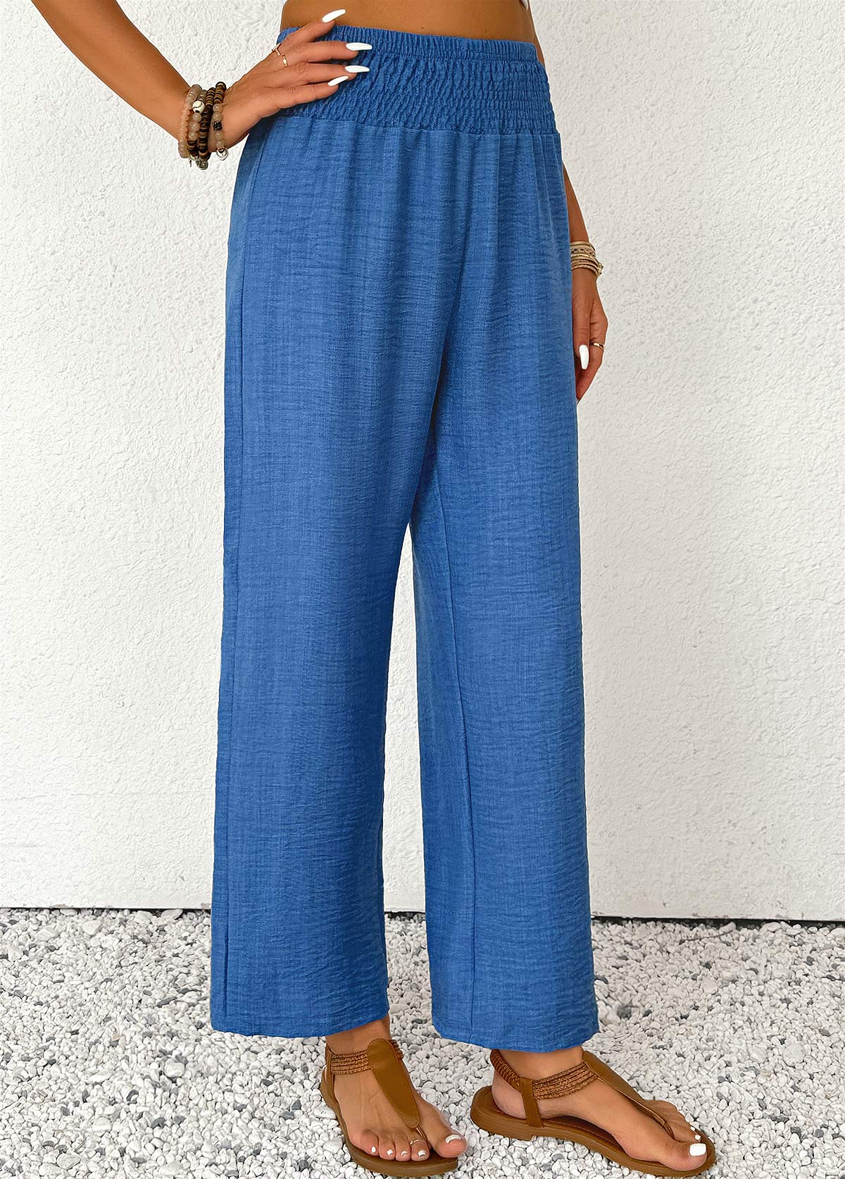Blue Straight Leg Elastic Waist High Waisted Pants