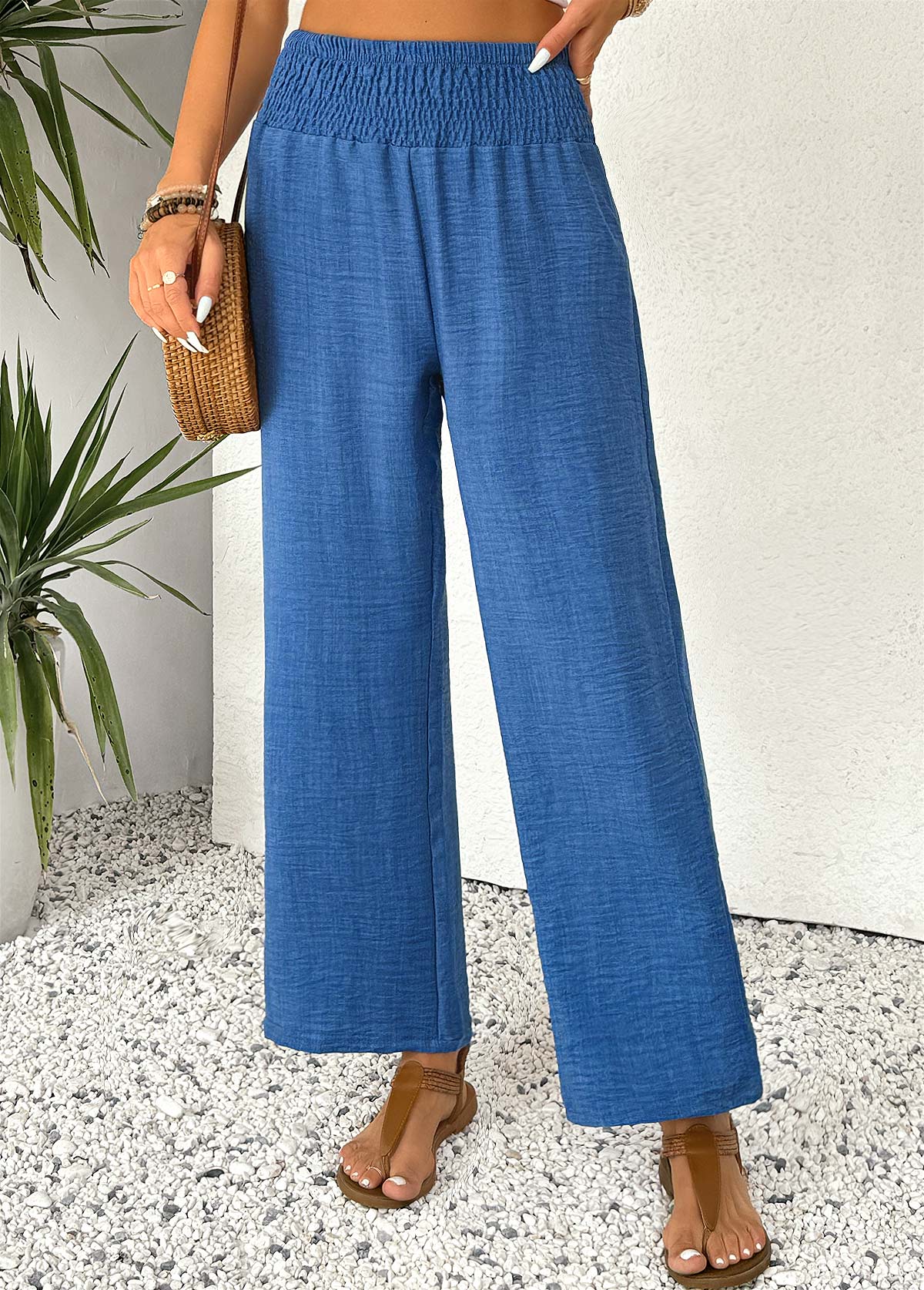 Blue Straight Leg Elastic Waist High Waisted Pants