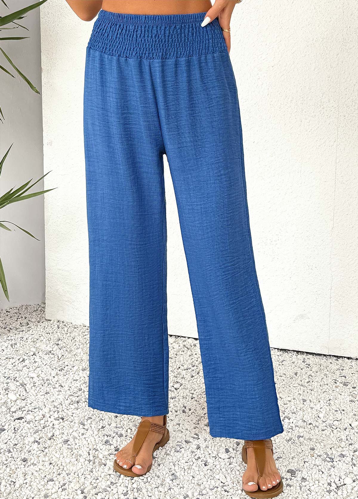 Blue Straight Leg Elastic Waist High Waisted Pants