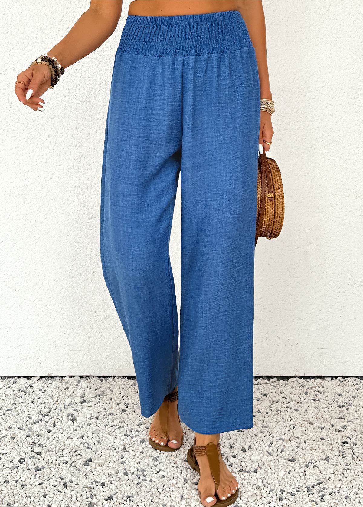 Blue Straight Leg Elastic Waist High Waisted Pants