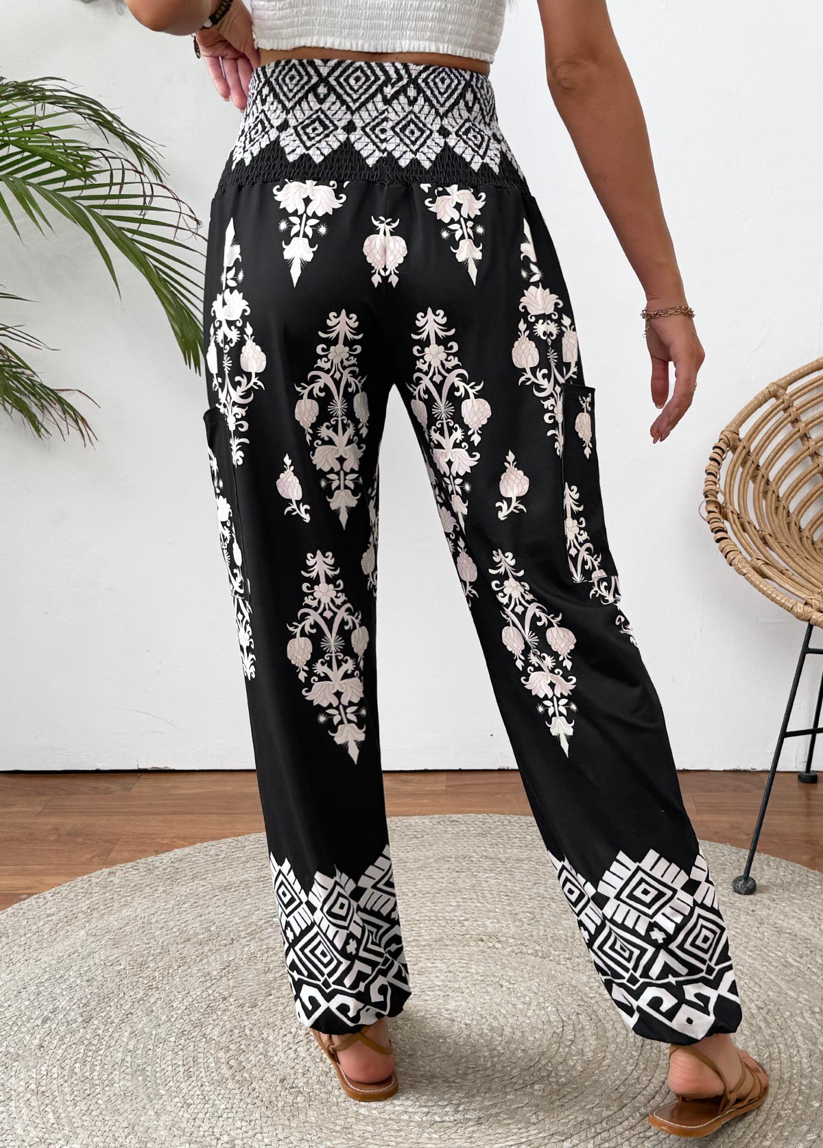 Tribal Print Black Jogger Elastic Waist High Waisted Pants