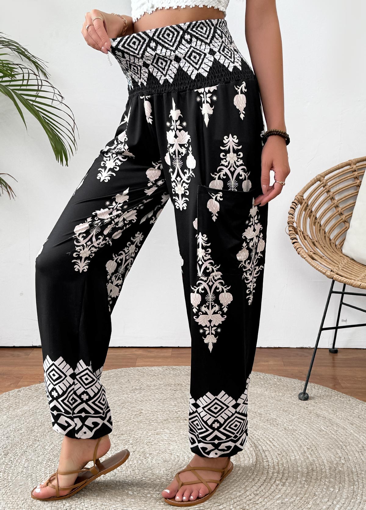 Tribal Print Black Jogger Elastic Waist High Waisted Pants