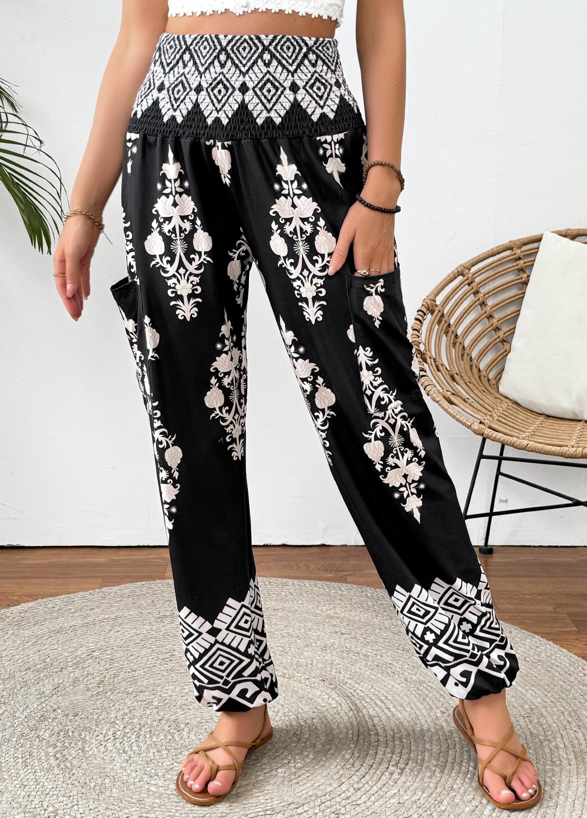 Tribal Print Black Jogger Elastic Waist High Waisted Pants