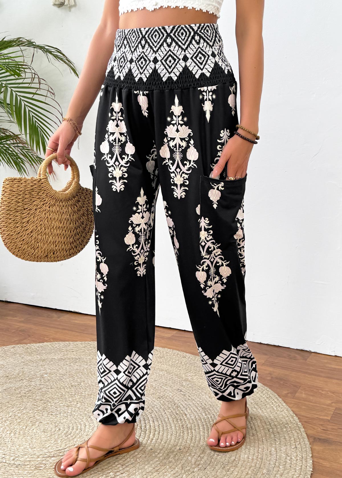 Tribal Print Black Jogger Elastic Waist High Waisted Pants