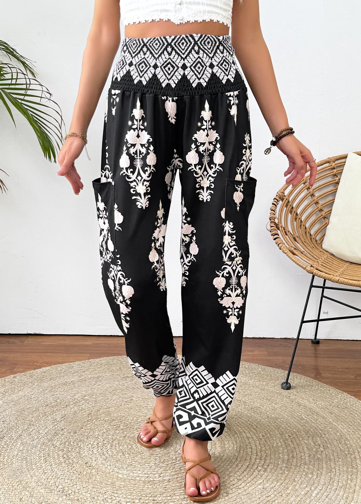 Tribal Print Black Jogger Elastic Waist High Waisted Pants