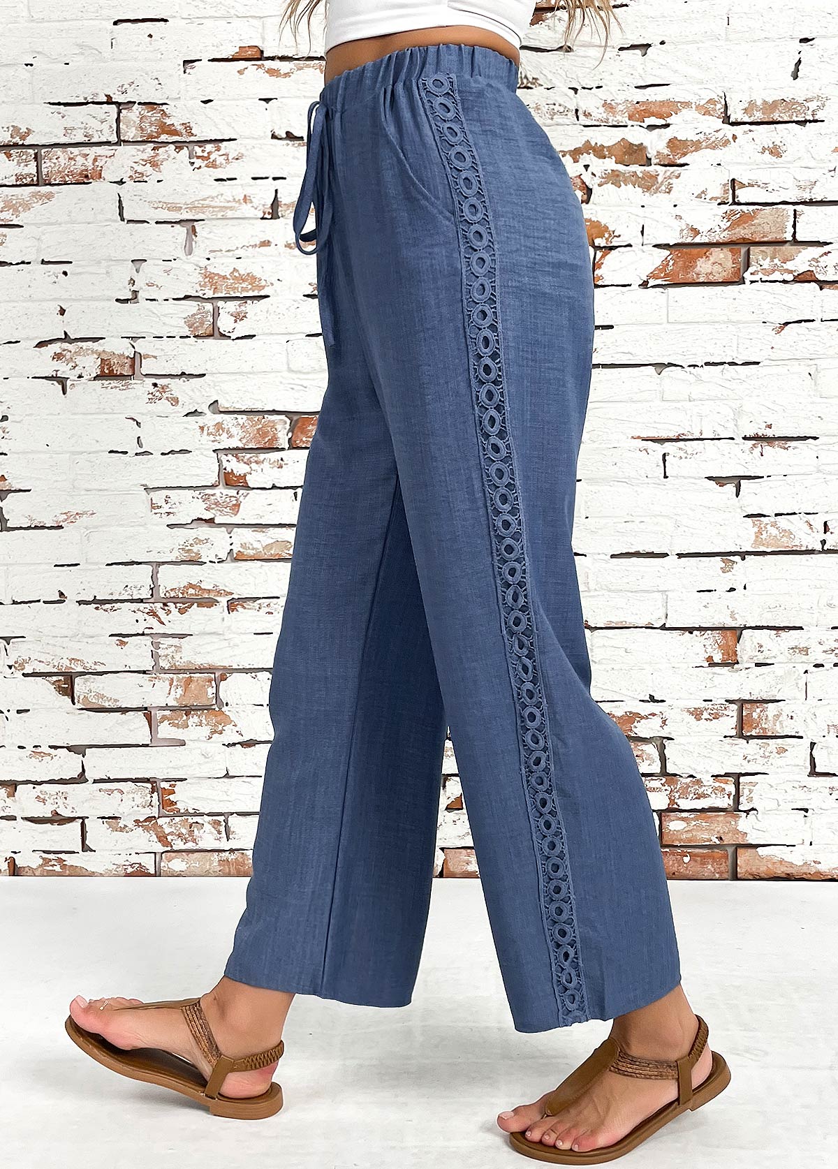 Denim Blue Straight Leg Elastic Waist High Waisted Pants
