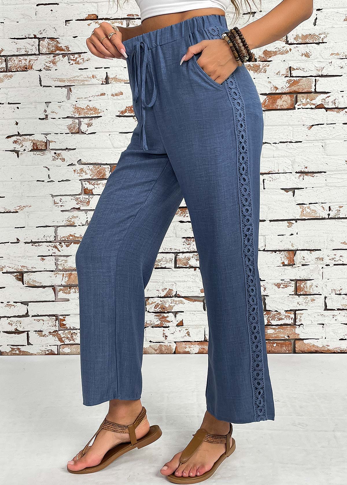 Denim Blue Straight Leg Elastic Waist High Waisted Pants