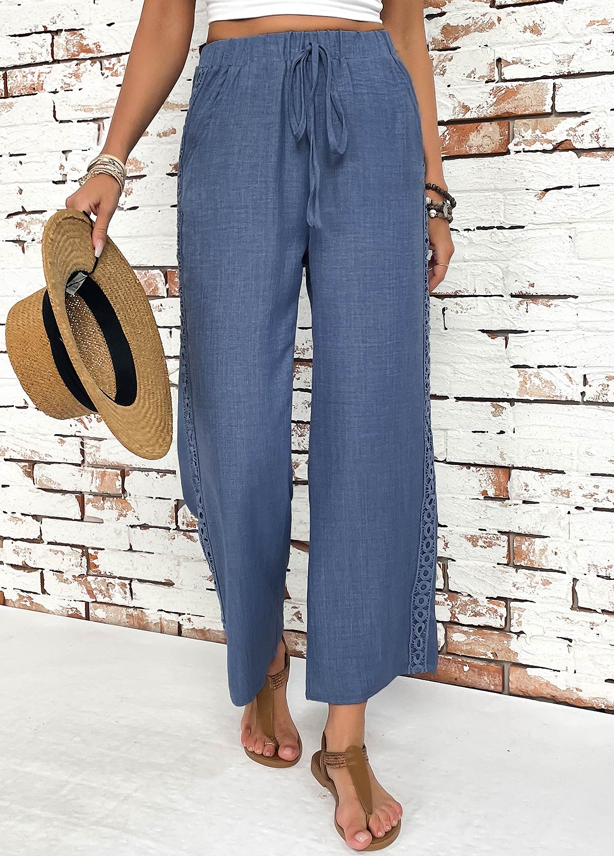 Denim Blue Straight Leg Elastic Waist High Waisted Pants